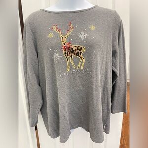 Quacker Factory Gray Embellished Reindeer Holiday Waffle Knit